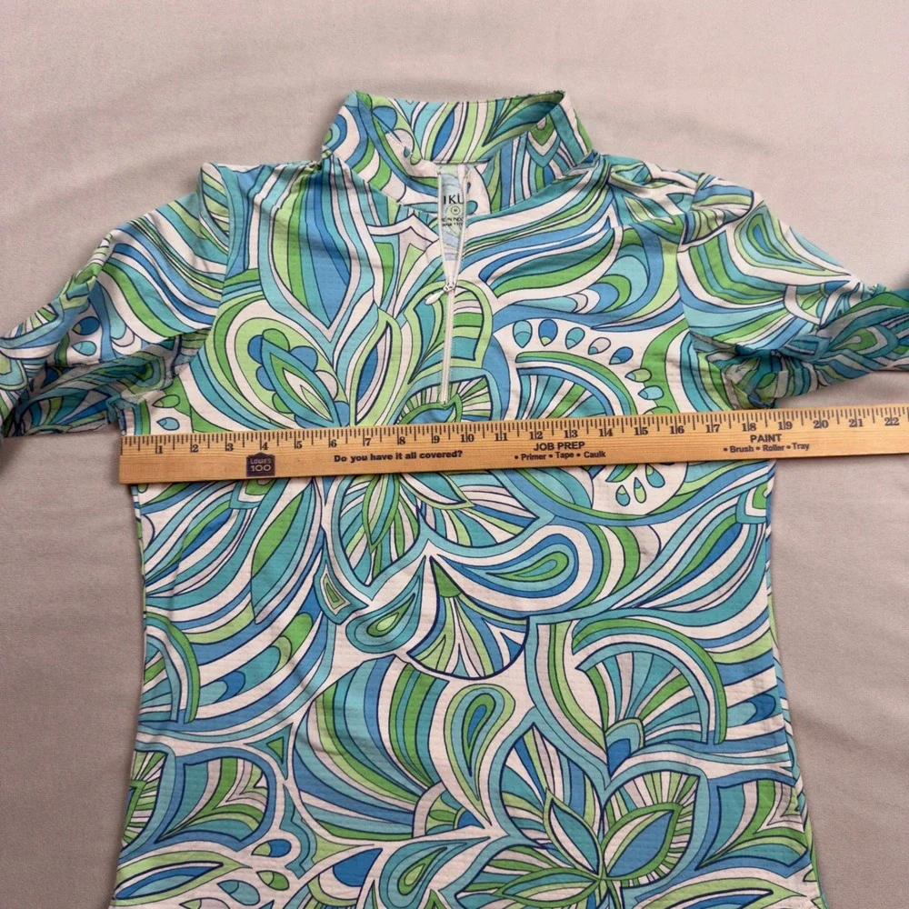 Icikuls Womens Sun Shirt Blue Green Geometric Print Quarter Zip Pullover Medium - Picture 4 of 7